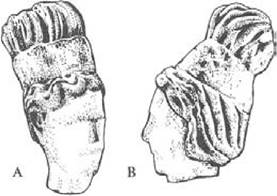 Figure 4 Heads from female figurines, showing hair-styles. Woman A has used a band of cloth to pile her hair up vertically. Woman B has used a similar band to push the hair-pile back towards the crown of her head