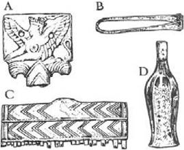 Figure 5 Cosmetic implements. A: fragment of carved ivory mirror handle from Knossos. B: bronze tweezers. C: ivory comb, with all its teeth broken. D: bronze two-edged razor