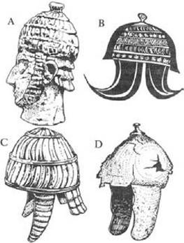 Figure 7 Minoan helmets.

A: ivory plaque from a stool at Arkhanes.

B: helmet used as a decorative motif on a 3-handled amphora at Katsamba, about 1400 BC.

C: boar’s tooth helmet found at Knossos (reconstructed).

D: bronze helmet found at Knossos (unreconstructed)