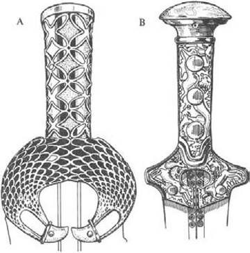 Figure 8 Bronze dagger hilts. A: bronze, gold-plated, inlaid with pieces of lapis lazuli and rock crystal. B: bronze, gold-plated, with polished agate pommel