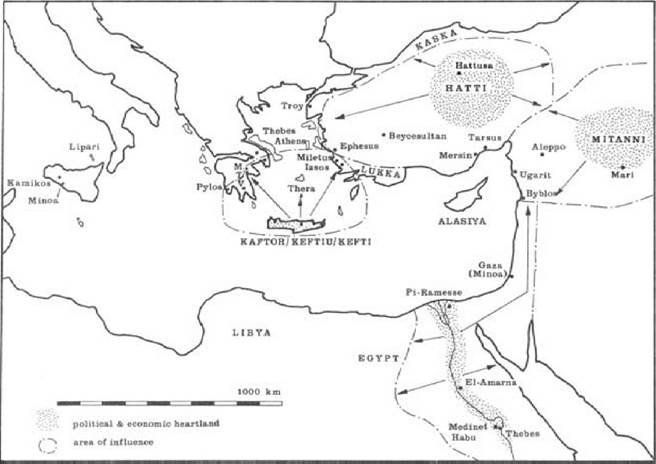Figure 11 The Minoan world. The map shows the cultural heartlands of the Minoans and their neighbours in the middle of the second millennium BC (stippled), together with their areas of influence (arrows and dot-and-dash line). The Minoans’ activities were not confined to their ‘area of influence’ as defined on the map; there is archaeological evidence that they traded with Hatti, Mitanni and Egypt as well