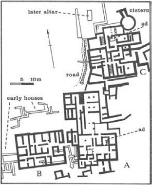 Figure 13 Plan of Tylissos. The earlier houses date from around 2000 bc, and the three later houses (A, B, and C) date from 1700-1500 bc. The cistern dates from 1400 BC or later, and the altar and its precinct from the Greek occupation in the classical period. It is a site with a long and complex history. ad = adyton