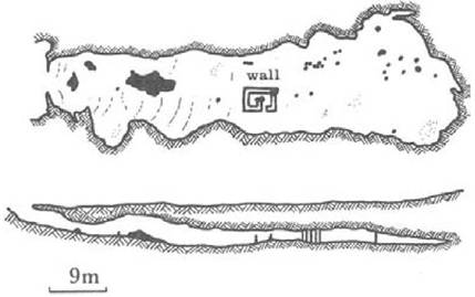 Figure 16 The Cave of Eileithyia: plan (above) and section (below). The black areas represent accretions of stalactite on the cave floor. This was the cave mentioned by Homer, and where the Minoans worshipped the goddess Eleuthia