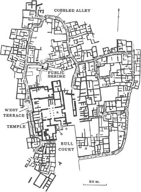 Figure 18 Gournia, a small Minoan town. a = principal hall or sanctuary, with alternating pairs of piers and columns. b = large stone slab, apparently a sacrificial table. c = L-shaped arrangement of shallow steps