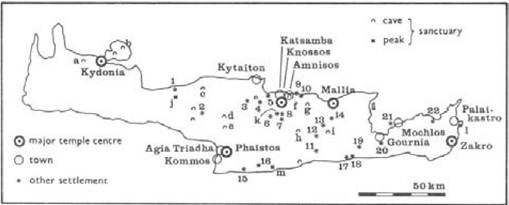 Figure 22 Map of Minoan Crete. Settlements (other than those named on map): 1 - Rethymnon, 2 - Monastiraki, 3 - Sklavokampos, 4 - Tylissos, 5 - Gazi, 6 - Temenos, 7 - Vathypetro, 8 - Arkhanes, 9 - Agii Theodhori, 10 - Niru Khani, 11 - Vianno, 12 - Erganos, 13 - Plati, 14 - Karfi, 15 - Leben, 16 - Koumasa, 17 - Myrtos Pyrgos, 18 - Fournou Korifi, 19 - Kalamavka, 20 - Vasiliki, 21 - Pseira, 22 - Sitia. Cave sanctuaries: a - Kera Spiliotissa, b - Leras, c - Pankalochori, d - Idaian Cave, e - Kamares, f - Eileithyia, g - Skotino, h - Arkalochori, i - Psychro (Diktaian). Peak sanctuaries: j - Vrisinas, k - Juktas, l - Petsophas, m - Kophinas