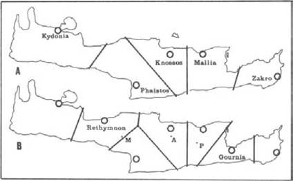 Figure 23 Major territories centred on urban temples. A: the possible territorial boundaries of the five great temples, applying Thiessen polygons. B: territorial boundaries if Rethymnon and Gournia are added to create territories that are more equal in area. Note that Monastiraki (M), Arkhanes (A) and Plati (P) are also believed to have had temples. If they also commanded territories, the sizes of the territories would become less satisfactory again, with Knossos commanding a rather small territory