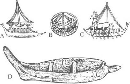 Figure 37 Minoan ships. A: ship with raised central deck or cabin and a furled sail. B: similarly rigged ship, but with oars as well. C: ship with raised central deck or cabin and oars; the superimposed horse is hard to explain. D: clay model of a boat with a high prow, projecting keel and seats for oarsmen
