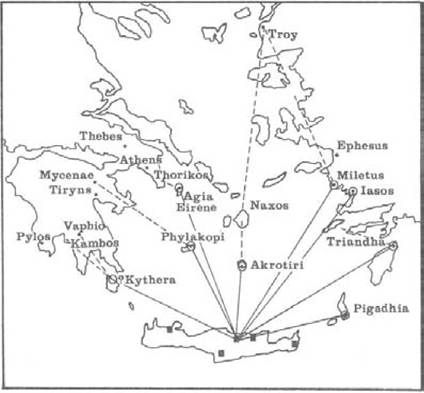 Figure 38 The Minoan trading empire. Main urban temple centres on Crete shown as black rectangles, and known colonies or trading stations are ringed. Implied primary trading links with Crete are shown as solid lines. Probable secondary trading links, between Minoan colonies and non-Minoan towns, are shown in dashed lines. Trade routes passing outside the Aegean region are not shown