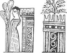 Figure 47 Two images of sacred trees on the Agia Triadha sarcophagus. Left: a tree beside a xoanon of a deity and a shrine. Right: a tree in a walled sacred enclosure