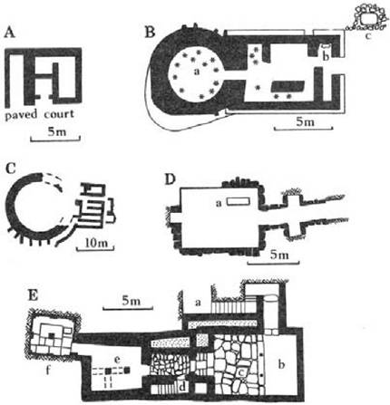 Figure 53 Minoan tomb plans. A: a built tomb at Mochlos. B: a built tomb at Apesokari. a = burials, b = altar in niche, c = altar outside. C: large circular tomb with rectangular cult rooms adjoining, at Platanos in the Mesara Plain. D: the Royal Tomb at Isopata. a = grave pit. E: the Temple Tomb at Knossos. a = winding rock-cut entrance passage, b = portico, c = open, paved courtyard, d = covered lobby and staircase up to shrine on first floor, e = built pillar crypt later subdivided with walls to make an ossuary, f = rock-cut tomb chamber, lined with gypsum slabs, with late grave-pit in north-east corner