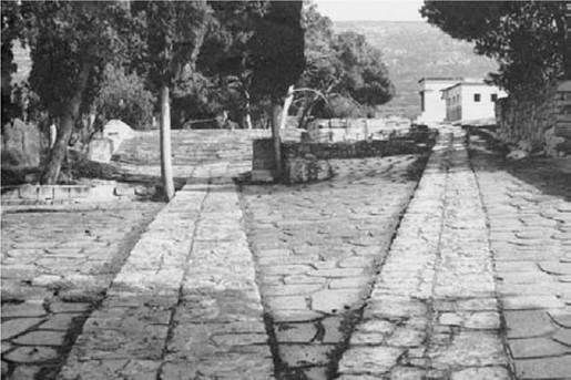 Plate 12 The Royal Road at Knossos, terminating in the Theatral Area (left) and the North Entrance and North-West Portico of the Labyrinth (right)