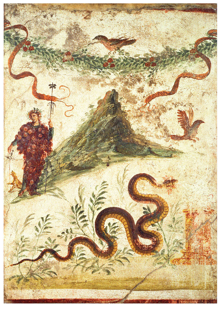 The god Bacchus, gird in grapes and holding a thyrsus in his left hand, pours wine from a kantharos to a leopard at his right side. He stands next to a green mountain with many grape trellises. A large bearded snake rises to face an altar at lower right, and a garland fixed with fruit and ribbons hangs across the scene at the top; a bird perches above, while another flies off to the right.