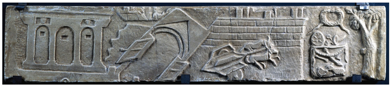 A plaster cast of a lost marble relief shows buildings at Pompeii (from left to right: the castellum aquae, Porta Vesuvio, and city wall, all a-kilter from the earthquake of AD 62/63; donkeys pulling a cart scramble to say upright; an altar with offerings below a wreath stands under a tree at the far right).
