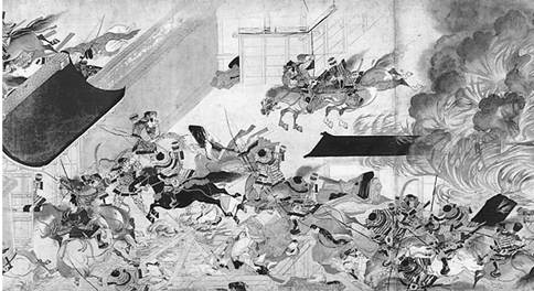 A scroll painting depicts the pivotal 1160 Heiji battle in which Minamoto family horsemen set fire to the palace and kidnapped former emperor Goshirakawa