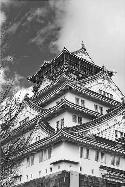 Osaka castle, a modern reconstruction of one of the massive, multistoried daimyo structures that served as headquarters of each domain in the Tokugawa years (1600-1868)