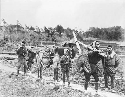 Villagers walk home after a day of farming, about 1900