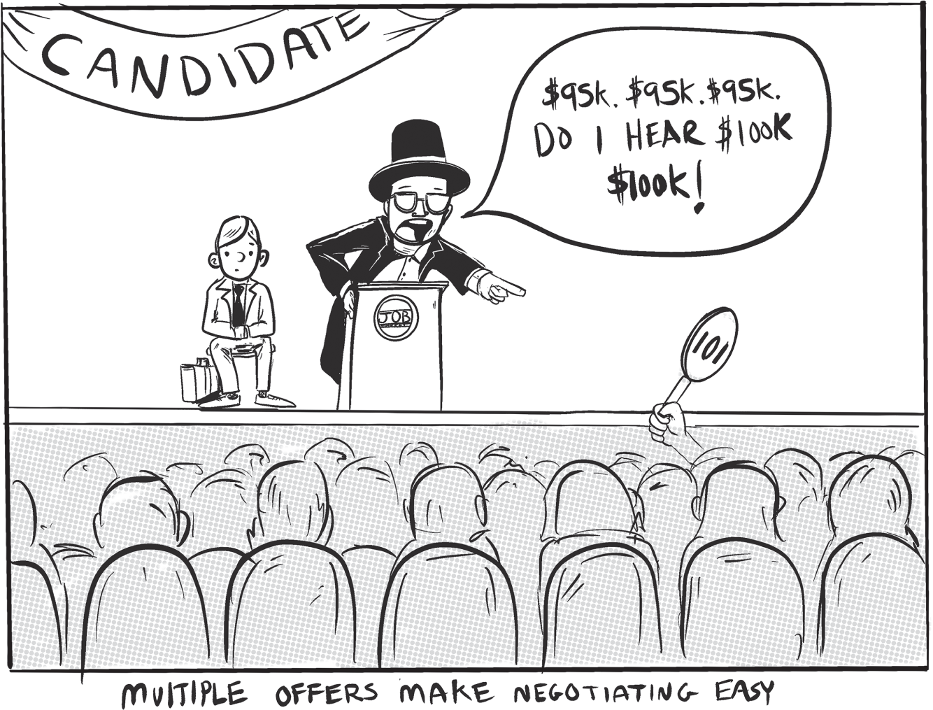 Cartoon illustration of the multiple offers make negotiating easy.