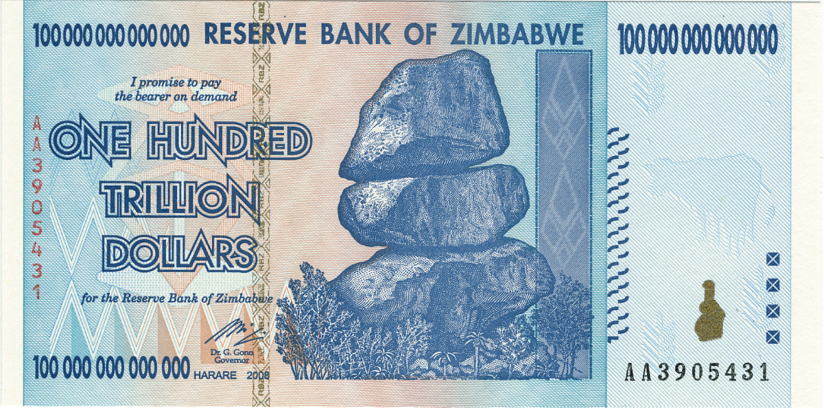 Photo depicts Zimbabwe 100 trillion-dollar bill.
