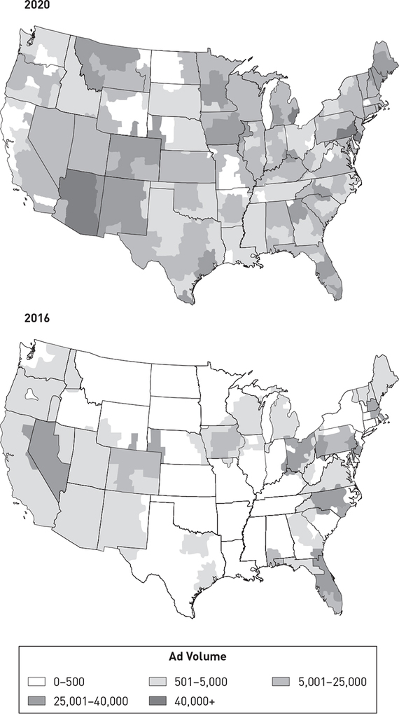 Two maps of the United States of the ad volume in 2020 and 2016.