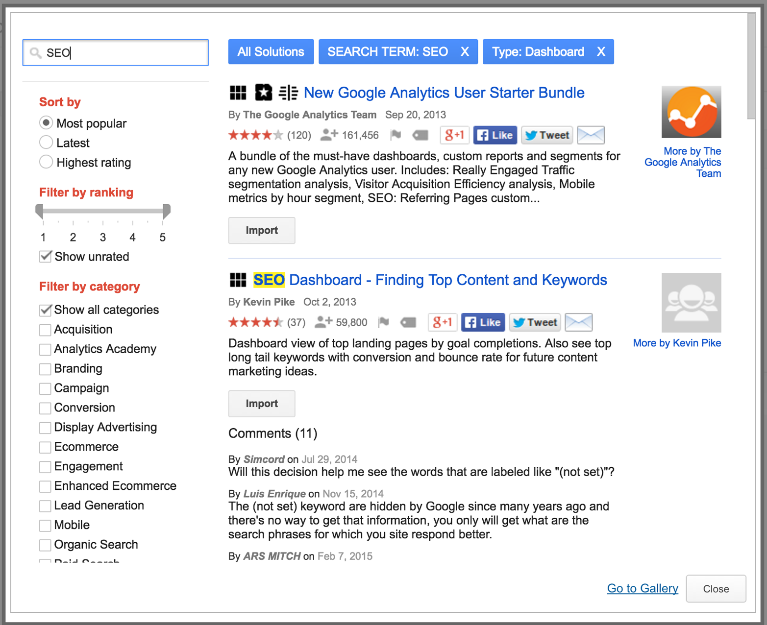 Google Analytics Solutions Gallery shows easy solutions.
