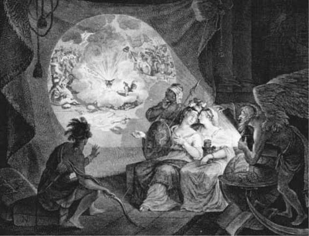 Tea-Tax Tempest, or the Anglo-American Revolution (1778). In this German satirical engraving, attributed to Carl Guttenberg after Robert Edge Pine, Father Time projects a magic lantern show for viewers representing figures from around the world. The image on the wall—a teapot exploding among British troops—expresses support for the Americans. Tea-Tax Tempest, or the Anglo-American Revolution (1778). In this German satirical engraving, attributed to Carl Guttenberg after Robert Edge Pine, Father Time projects a magic lantern show for viewers representing figures from around the world. The image on the wall—a teapot exploding among British troops—expresses support for the Americans.