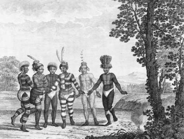 A Traditional Dance. This image from circa 1806 by Wilhelm von Tilenau depicts a group of costumed Indians engaging in a traditional dance near the San José de Guadalupe Mission in California. A Traditional Dance. This image from circa 1806 by Wilhelm von Tilenau depicts a group of costumed Indians engaging in a traditional dance near the San José de Guadalupe Mission in California.