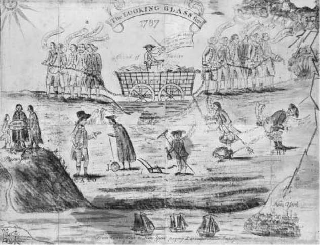 The Looking Glass for 1787: A House Divided against Itself Cannot Stand. This satirical engraving, produced in New Haven, Connecticut, in 1787 by Amos Doolittle, depicts the state of Connecticut as a wagon sinking under the weight of debt and paper money, as Federalists and anti-Federalists engage in arguments. Doolittle favors the Federalists. library of congress.