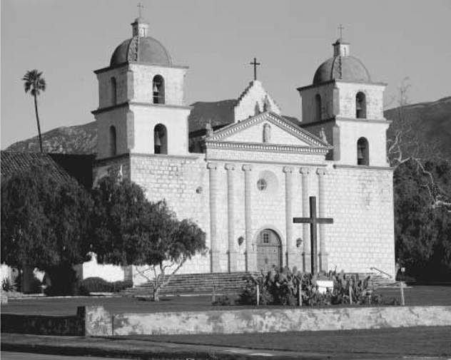 Mission Santa Barbara. This Spanish colonial church in Santa Barbara, California, was built by Franciscan missionaries between 1812 and 1820, after an earthquake destroyed the mission's previous church.