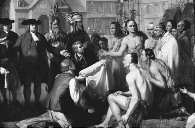 William Penn's Treaty with the Indians (1771, detail). Benjamin West's painting of William Penn meeting with Indian leaders helped reinforce notions of peaceful relations between white settlers and Indians. Edward Hicks drew much of his inspiration from this painting, and reproduced it as one element in his oft-repeated Peaceable Kingdom paintings.