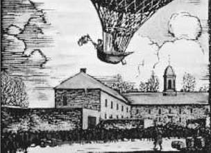 America's First Balloon Flight. French aeronaut J. P. F. Blanchard made the first untethered balloon flight in the United States when he ascended from a prison yard in Philadelphia on 9 January 1793, before a large crowd that included George Washington. the granger collection, new york.
