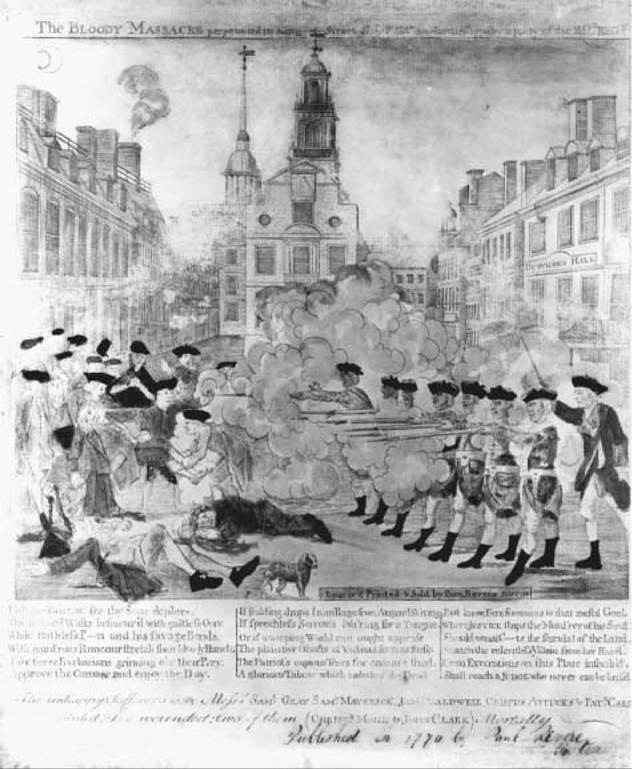 The Bloody Massacre. This famous engraving of the Boston Massacre by Paul Revere, after a sketch by Henry Pelham, was issued on or about 28 March 1770. The image helped ignite public outrage after it was copied and widely distributed throughout the colonies.