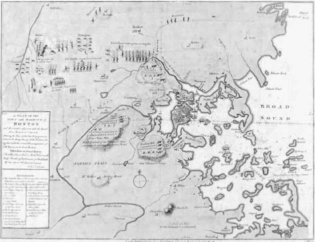 Plan of Boston. This plan of the town and harbor of Boston and the surrounding countryside, made by J. De Costa in 1775, shows the road from Boston to Concord, the site of an early engagement between British and American forces.