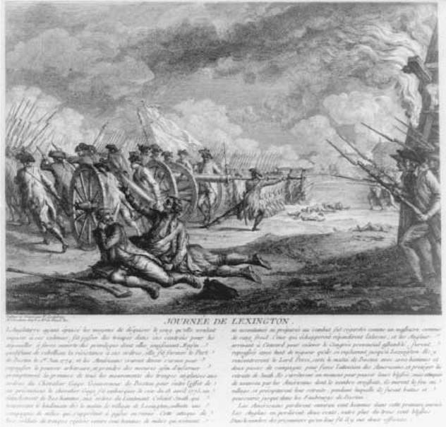 Journée de Lexington. This engraving (c. 1784) by François Godefroy depicts British regulars under the command of General Thomas Gage retreating from charging American militia in April 1775 during the Battle of Lexington, a key early battle of the Revolutionary War. Journée de Lexington. This engraving (c. 1784) by François Godefroy depicts British regulars under the command of General Thomas Gage retreating from charging American militia in April 1775 during the Battle of Lexington, a key early battle of the Revolutionary War.