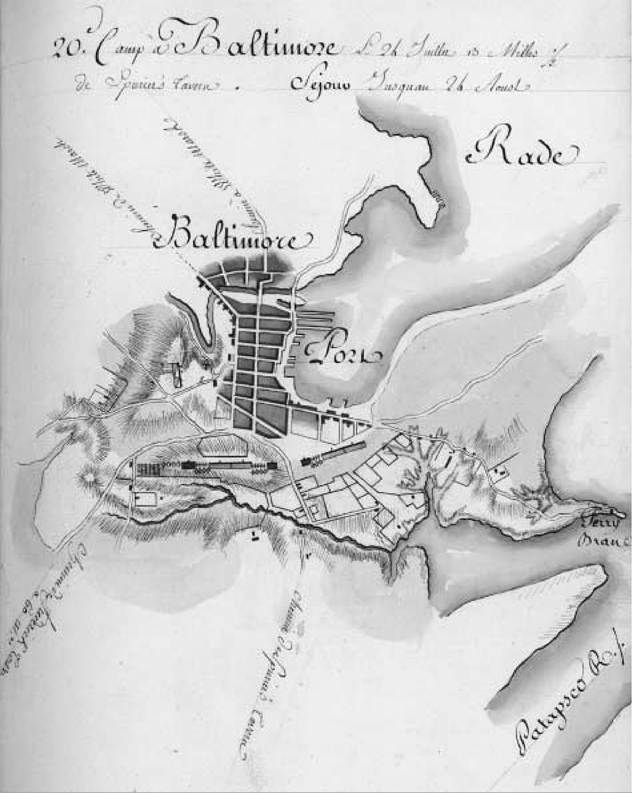 Camp à Baltimore. This ink and watercolor map of Baltimore, Maryland, was drawn in 1782 by French engineers accompanying troops under the command of the Comte de Rochambeau.