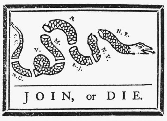 Join or Die. Benjamin Franklin's woodcut for the 9 May 1754, issue of Philadelphia's Pennsylvania Gazette became a symbol of colonial unity during the Revolutionary period.