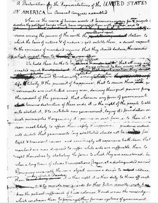 First Draft of the Declaration of Independence. Thomas Jefferson's initial draft of the Declaration of Independence was written in June 1776 during the Second Continental Congress. library of congress.