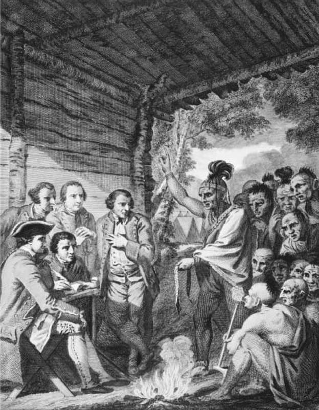 Henry Bouquet Negotiates with the Indians. When Colonel Bouquet began a campaign in 1764 to subdue Shawnees, Senecas, and Delawares in Ohio, he was approached by a delegation of Indians who agreed to return hostages in exchange for a cessation of hostilities. This 1766 engraving depicts the meeting, which occurred near the Muskingum River.