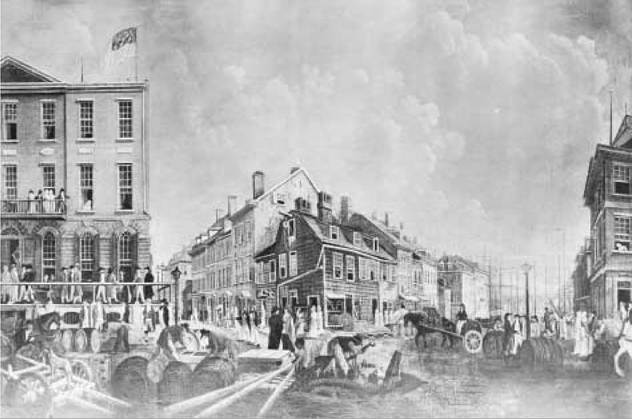 Tontine Coffee House. The Tontine Coffee House at the corner of Wall and Water Streets in lower Manhattan, shown here in a painting (c. 1797) by Francis Guy, became a central meeting place for merchants, traders, brokers, and underwriters, whose dealings eventually developed into the New York Stock Exchange.
