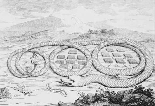 The American Rattle Snake. This etching by the British satirical artist James Gillray was published in London in April 1782 to mark the opening in Paris of peace negotiations between Great Britain and the United States. Gillray portrays America as a snake coiled around the British army encampments.