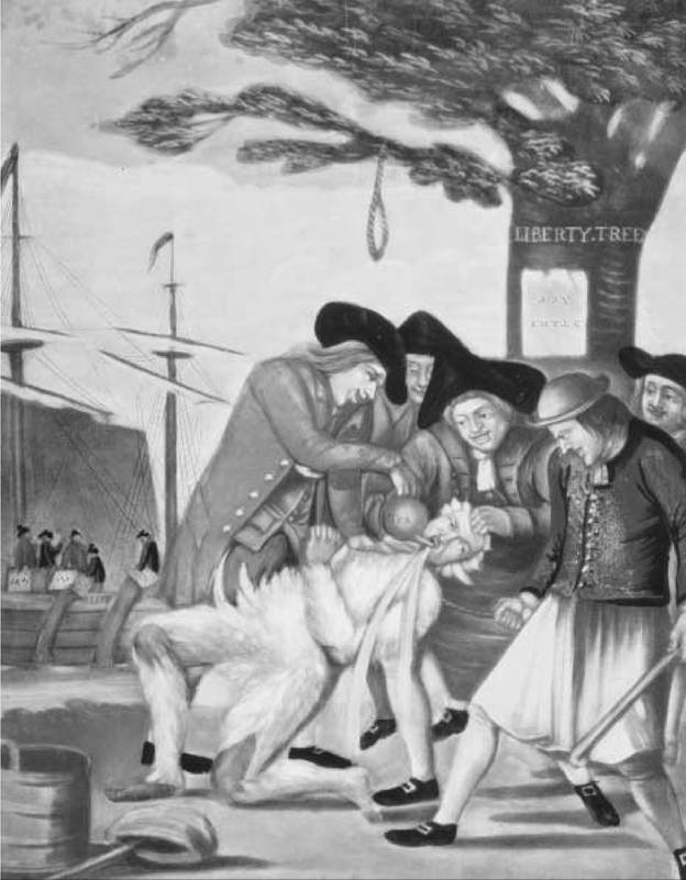 Bostonians Paying the Excise-Man. This 1774 mezzotint by Philip Dawe illustrated for the English the lawless behavior of Americans in its depiction of a group of Boston men forcing tea down the throat of John Malcolm, a customs official who has been tarred and feathered. The Liberty Tree and the Boston Tea Party are visible in the background.