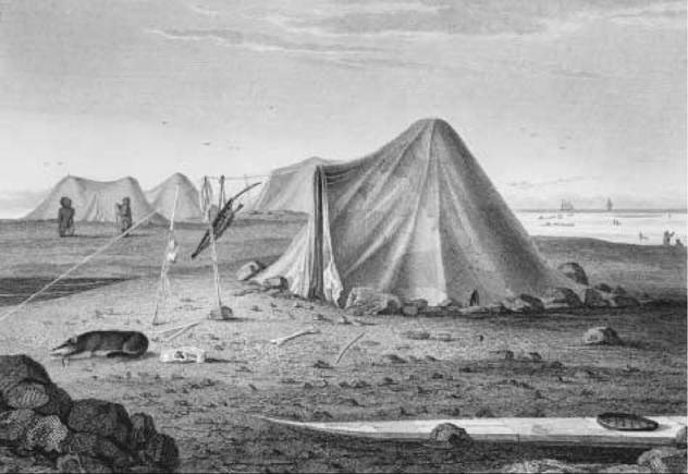 Eskimo Lodges on the Sea. This engraving by George Francis Lyon appeared in Journal of a Second Voyage for the Discovery of the North-West Passage, published in London in 1824.