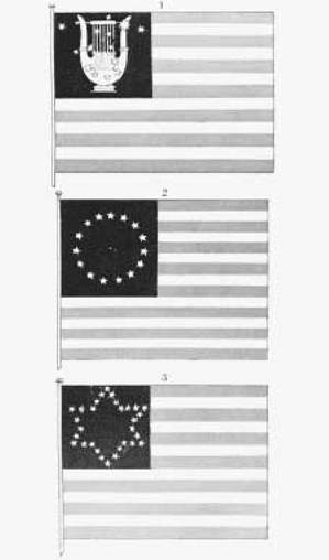 Early American Flags. Top to bottom: the flag proposed in 1777; the flag approved in 1794; and the altered flag of 1818.