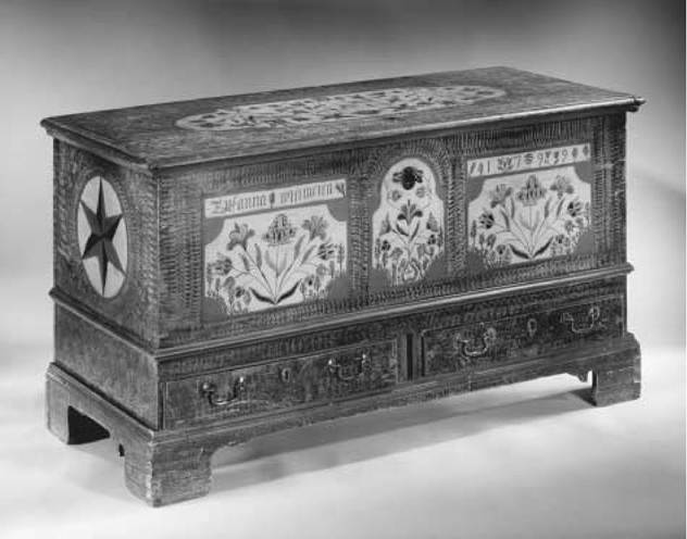 Pennsylvania German Dower Chest (1799). In Pennsylvania German communities it was common to give a wood dower chest, often painted with ethnic symbols, to newlyweds.