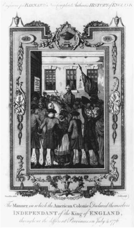 Declaring Independence. This illustration from The New, Complete, and Authentic History of England (London, c. 1783) by Edward Barnard depicts the manner in which the American colonists declared themselves independent of England: a man on horseback rides through town reading the Declaration of Independence to cheering crowds, while a notice reading "America Independent 1776" is posted on a wall. Declaring Independence. This illustration from The New, Complete, and Authentic History of England (London, c. 1783) by Edward Barnard depicts the manner in which the American colonists declared themselves independent of England: a man on horseback rides through town reading the Declaration of Independence to cheering crowds, while a notice reading "America Independent 1776" is posted on a wall.