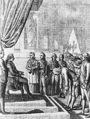 Benjamin Franklin at the French Court in Versailles. Benjamin Franklin, shown here in a 1784 engraving by Daniel Berger after the German artist Daniel Chodowiecki, became an instant celebrity after his arrival in France, where he traveled to solicit French support for the American cause.