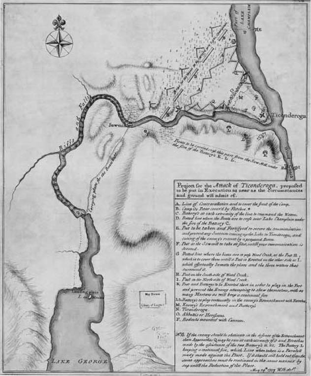Project for the Attack of Ticonderoga. This 1759 map, drawn by William Brasier, shows a British battle plan for the attack on the French near Fort Ticonderoga in New York.