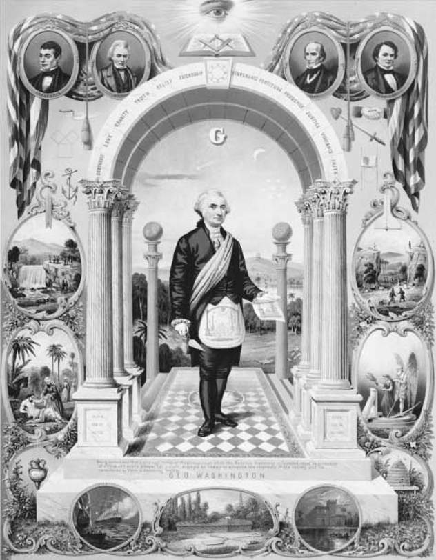 Washington as a Mason. George Washington, depicted as a Mason in a lithograph printed in 1867, remained for many years the main American symbol of military and republican virtue.