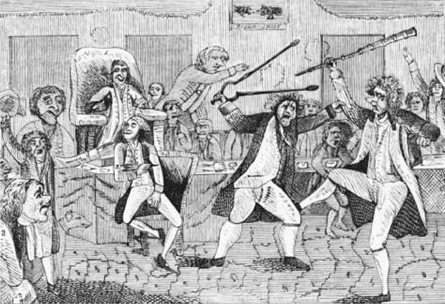 Congressional Brawl. The Naturalization and Alien Acts of 1798 fueled opposition to the Federalist Party, and issues related to immigration led to political conflict. This 1798 cartoon depicts a fight that broke out on the floor of the United States House of Representatives between Matthew Lyon (center), an Irish immigrant and Republican congressman from Vermont, and Roger Griswold (right), an American-born Federalist from Connecticut.