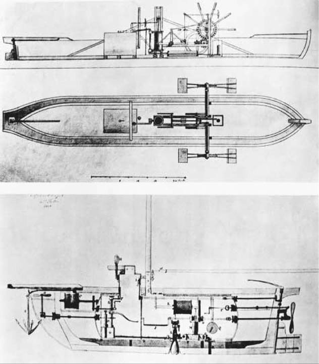 Fulton's Steamboat and Submarine. Although Robert Fulton did not invent the steamboat, he was the first to dramatically illustrate its financial potential. He designed his first experimental steamboat (top) in 1803 to travel the Seine River in France. Fulton also designed submarines (bottom).