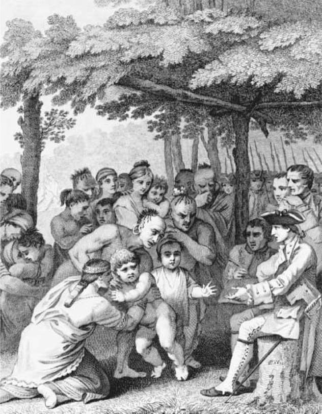 Returning Captives. In this illustration from circa 1766, a party of Indian warriors returns captives after Colonel Henry Bouquet marched up the Ohio River to put an end to Pontiac's rebellion in 1764.